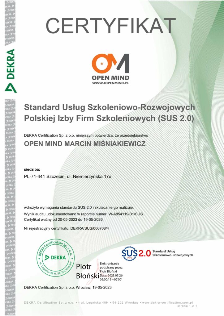Certyfikat elektroniczny SUS 2.0 OPENMIND MARCIN MISNIAKIEWICZ